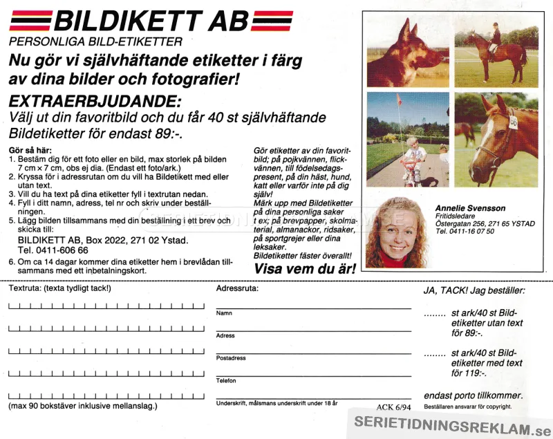 Reklam för företaget Bildikett som erbjuder foton på klisterark