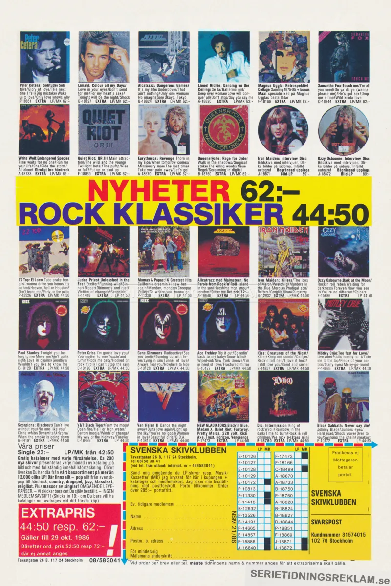 Reklam för Svenska Skivklubben med ett 30-tal uppvisade skivomslag och erbjudandet om att gå med i klubben