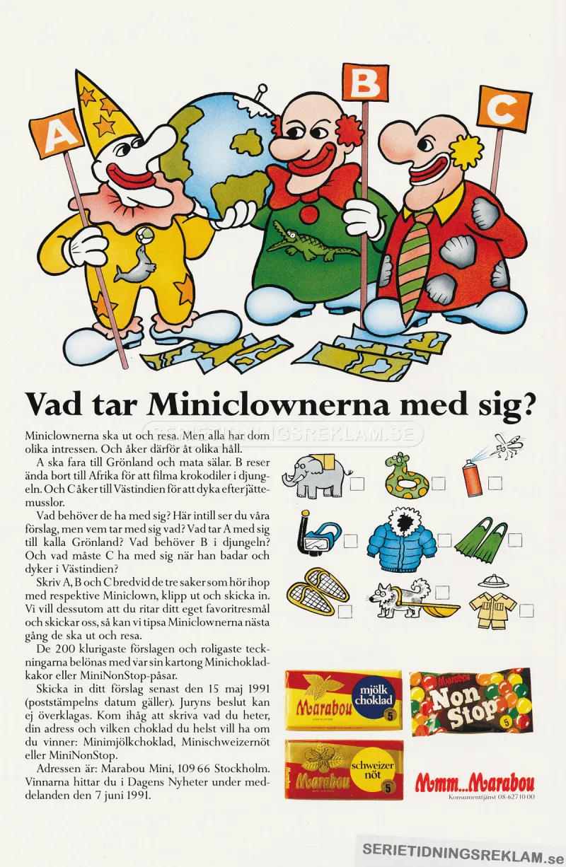 Tävling där Marabous maskotar funderar på vad de ska ta med sig på sin jorden runt resa.