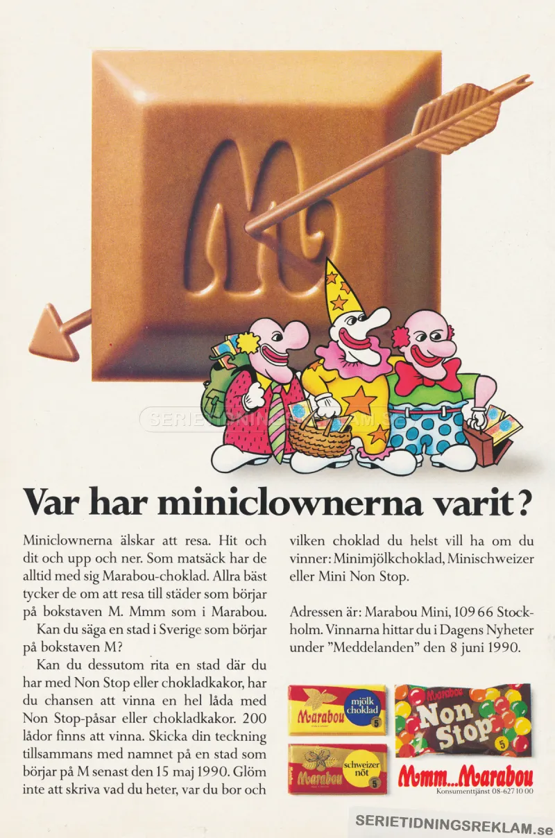 Reklam för choklad och godis från Marabou med deras maskotar mini-clownerna