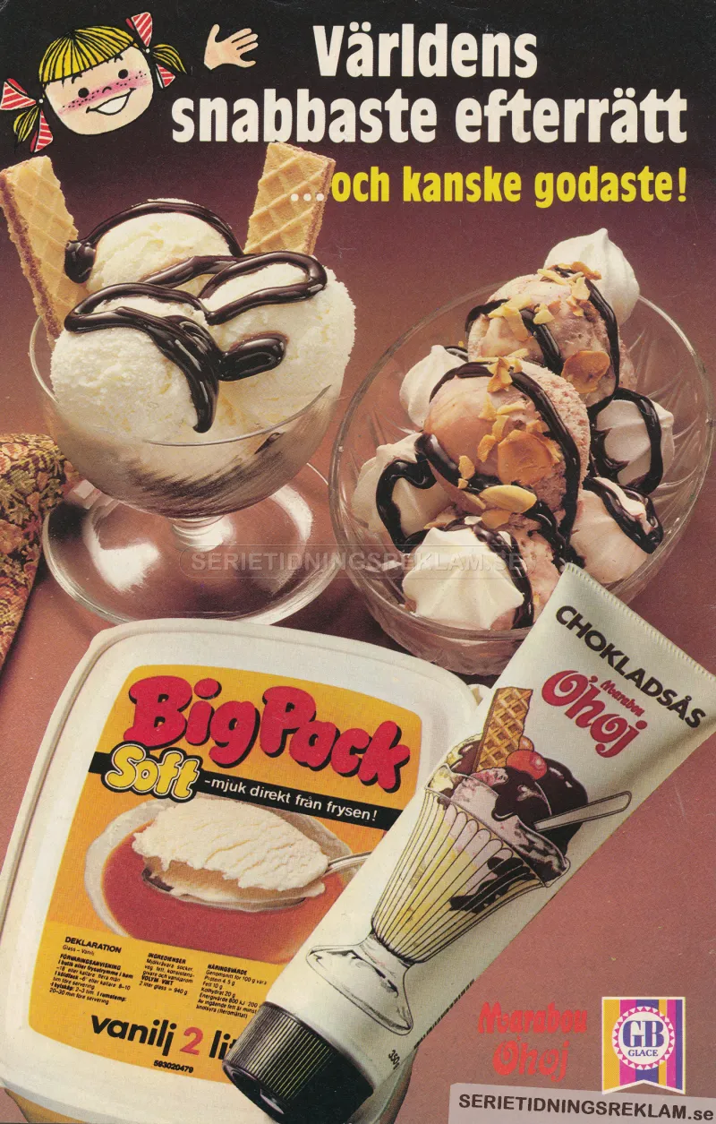 Reklambild med glass och chokladsås från Marabou och GB Glace