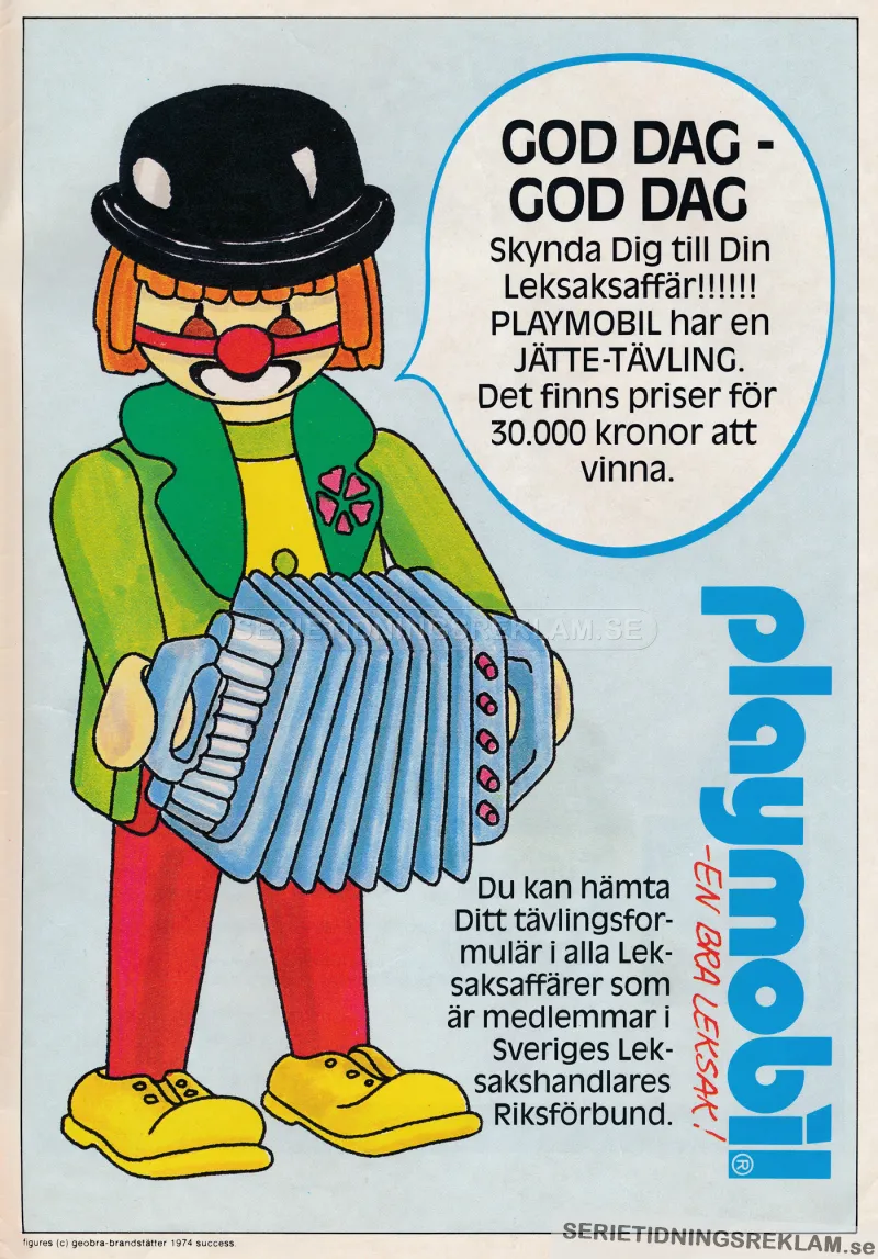 Reklam för en tävling med Playmobil. En teckning av en Playmobil-clown informerar om att man kan hitta tävlingsfoldrar hos leksakshandlarna.