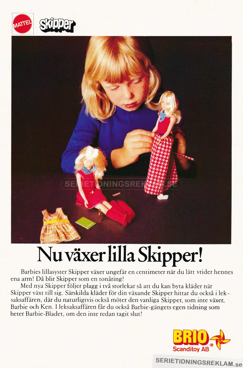 Reklam för dockan Skipper som kan komma in i tonåren om du vrider på armarna