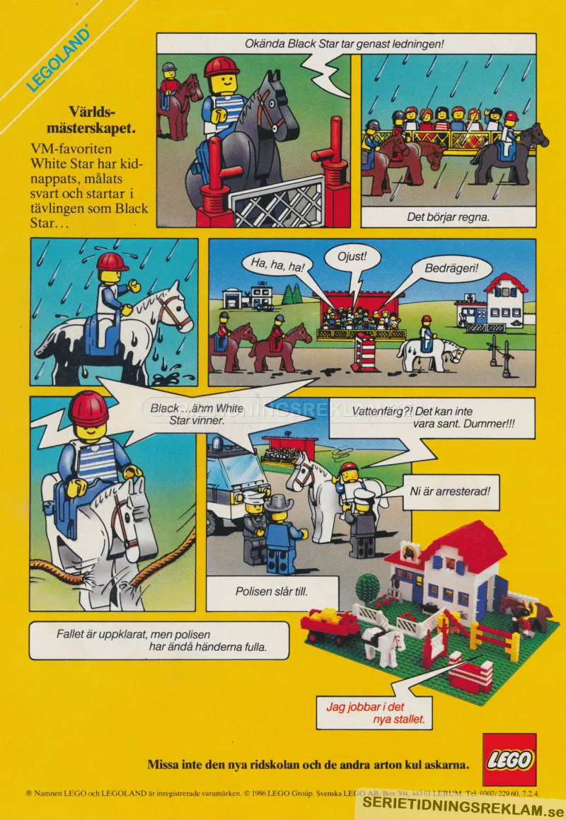 Reklam i serieformat för LEGO och arton nya byggsatser som släppts året 1986