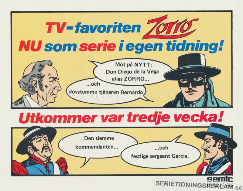Reklam för serietidningen Zorro som är aktuell på TV