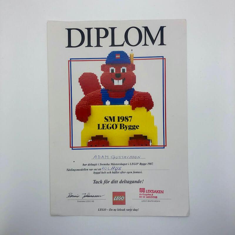 Diplom för medverkande i SM i Lego-bygge 1987