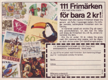 Reklam för möjligheten att köpa ett parti frimärken via postorder och börja samla på frimärken