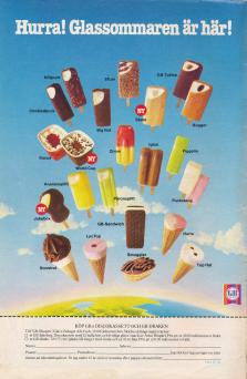 Reklam för GBs glassar. Bilden består av GBs sortiment 1979 samt en kupong där man kan skicka efter en kassett med musik och snack av Arthur Ringart.