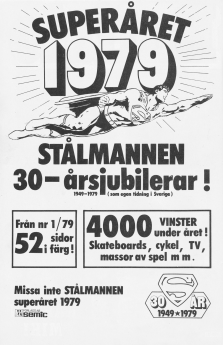 Reklam för Stålmannens superår 1979, året då han fyller 30 år som serietidning i Sverige