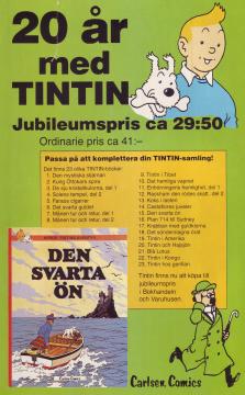 Annons för seriefiguren Tintin där alla hittills utkomna album listas tillsammans med lite bilder på figurerna
