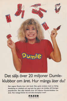 Reklam för Dumleklubben med godisälskaren Pernilla Wahlgren som säger att det säljs 20 miljoner dumleklubbor om året
