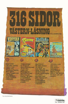 Reklam för fyra serietidningar med västern-tema: Western, Tomahawk, Buffalo och Tex Willer