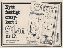 Reklam för serietidningen 91:an där man får ett roligt vykort med på köpet