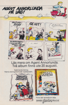 Reklam för seriealbumet Agent Annorlunda från Bonniers, av Måns Gahrton och Johan Unenge.