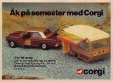 Reklam för en leksaksbil, Mercedes GS24, och en husvagn från Corgi Toys