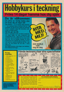 Annons för Åke Skiölds tecknarskola där du kan prenumerera på 15 kursbrev mot betalning