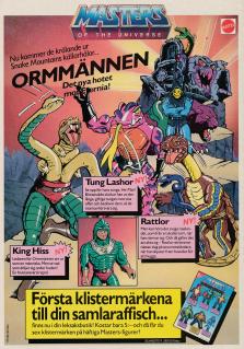 Reklam för nya leksaker från Masters of the universe, bland annat ormmännen Tung Lashor, King Hiss och Rattlor