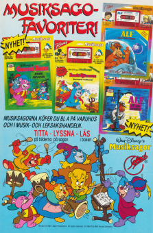 Reklam för musiksagor från Select med sagor om rymdvarelsen Alf och Bumbi-Björnarna