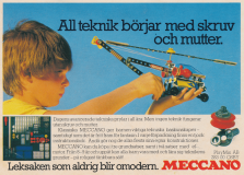 Reklam för Meccano med ett foto på en pojke som byggt och skruvat ihop meccano till en helikopter