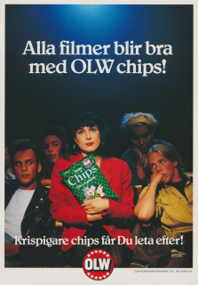 Reklam för chips från OLW där en tjej sitter mitt i biopubliken och kramar en chipspåse från OLW