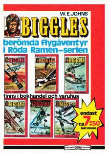 Reklam för sex stycken böcker om Biggles som gavs ut i serien Röda Ramen