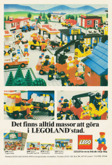 Reklam för Legoland stad där en uppbyggd stad agerar centrum