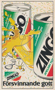 Illustration av två Zingo-burkar och ett glas med Zingo. Reklam från Apotekarnes
