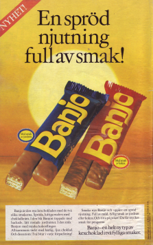 Annons för godisbiten Banjo, en ny sorts kexchoklad med smak av jordnöt eller kokos.