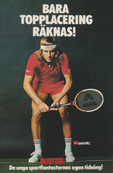 Reklam för sportserietidningen Buster där Björn Borg står redo att ta emot en serve
