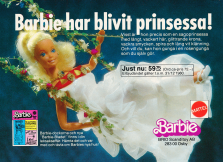Reklam för Barbie som i en vit klänning beskrivs som en prinsessa