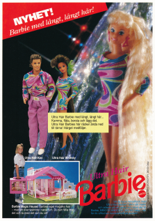 Reklam för dockan Barbie med en liten bild på Barbie Magic house