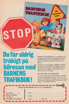 Annons för Barnens Trafikbok, en bok med nyttlig trafikinformation och spel och tidsfördriv när man ska ut och köra på vägarna