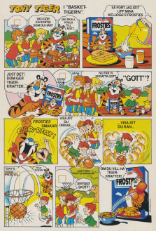 Annons i serieformat för Kelloggs Frost Flakes med Tony Tiger som spelar basket