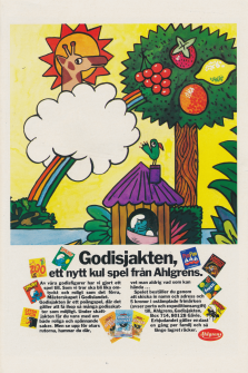 Reklam för spelet Godisjakten, ett brädspel som man kan beställa från Ahlgrens genom att skicka in 5 kronor i ett kuvert