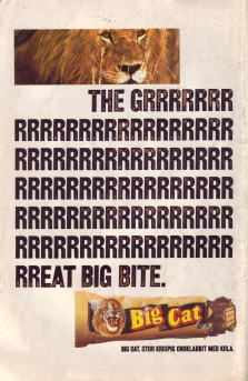 Reklam för chokladbiten Big Cat med en bild av ett lejon och copyn "The great big bite"