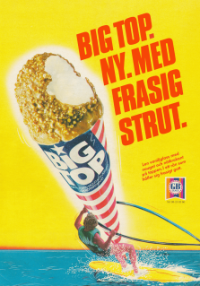 Annons med en windsurfare som har glassen Big Top som segel