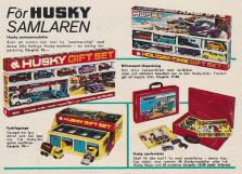 Reklam för leksaker från Husky, garage och bilar samt en väska för att samla sina bilar