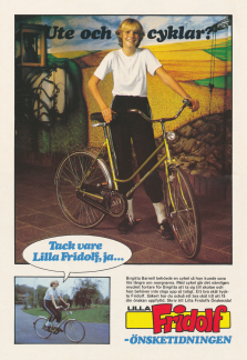 Reklam för Lilla Fridolfs önskeklubb där Birgitta Barnell fått en cykel