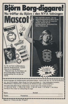 Reklam för serietidningen Mascot som lockar till medlemskap till Björn Borg International Fan Club