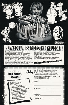 Reklam för Seriepocketklubben där, om du anmäler dig, får hem en seriepocket i brevlådan varje månad