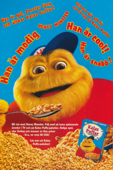 Reklam för Kalas Puffar med maskoten Honey Monster