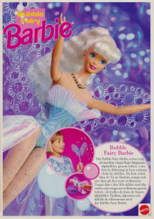 Annons för en variant av dockan Barbie som har vingar som man kan använda som såpbubbelframkallare om man doppar dem i såpbubbellösning