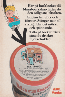 Reklam för Marabou Kakao med ett foto på kakaoburken samt en uppmaning att posta 2 lock för att få en lekstuga från Marabou