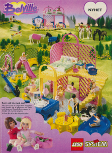 Reklam för LEGO Belville, med en uppbyggd LEGO-byggsats i form av en lekplats, uteplats och hästar
