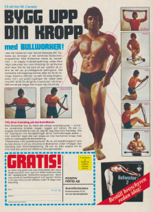 Reklam för träningsredskapet Bullworker med en muskulöse Mr Canada som visar femstycken olika övningar på bild