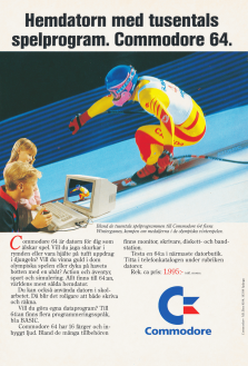 Annons för hemdatorn Commodore 64 med en skidåkare på skärmen och två personer som spelar spelet