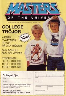 Reklam från Wright & Co som gör reklam för tröjor med motiv från Masters of the Universe