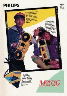 Reklam för Philips portabla stereoapparater och freestyle med två ungdomar i jeanskläder som visar upp produkterna