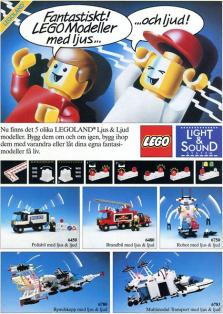 Reklam för LEGO Light & Sound där det visas upp 5 byggsatser där ljus och ljud är en nyhet i LEGO-sammanhanget