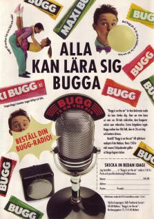 Tävlingsannons från Malaco och tuggummit Bugg där man kan vinna en radio som ser ut som en gammal radiomikrofon